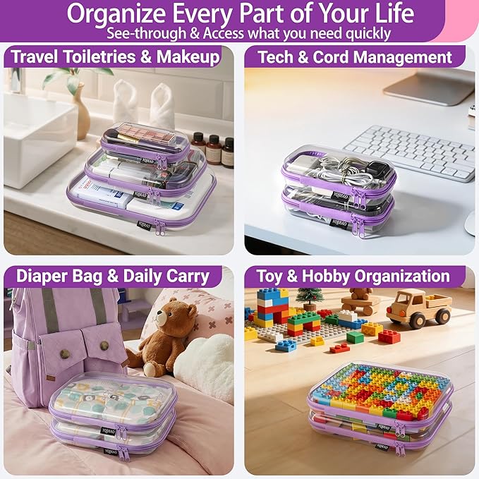 YQBRAO 3-Pack Large Clear Hard Shell Zipper Case, 1.2mm Ultra-Thick Rigid Toy & Closet Organizer, Heavy-Duty Diaper Bag Pouch Set with YKK Zippers, Waterproof Travel Storage (Purple)
