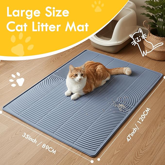 Extra Large Cat Litter Mat 47"X35", Waterproof Silicone Mat for Litter Box Areas, Multi-Functional Floor Mat for Food and Water(Grey)
