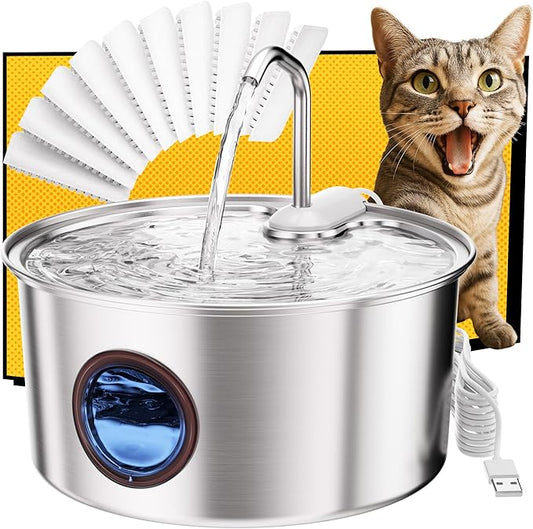 Cat Water Fountain Stainless Steel - 108oz/3.2L Automatic Cat Water Fountain for Drinking with 10PCS Filters, Metal Pet Water Fountain Water Dispenser for Cats, Puppy, Multiple Pets
