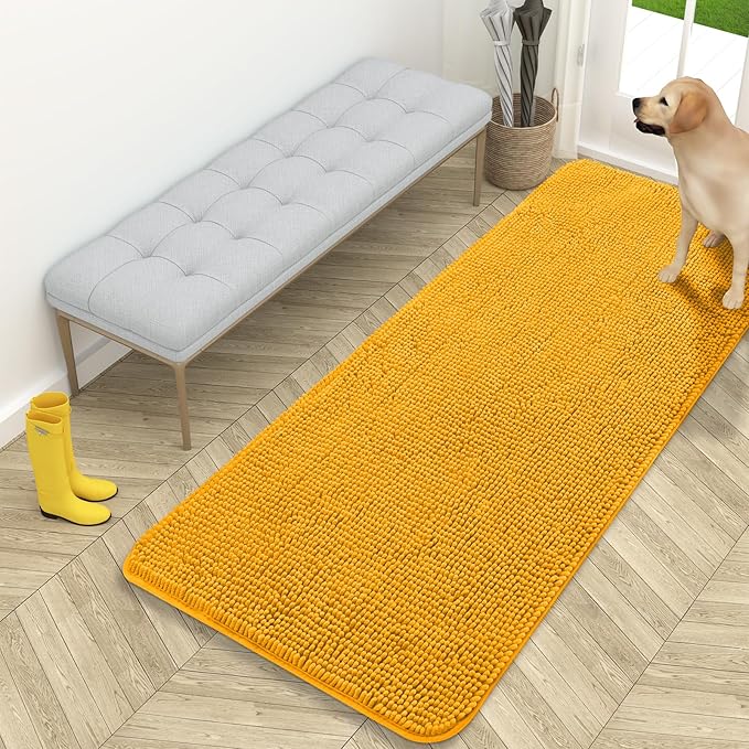 OLANLY Dog Door Mat for Muddy Paws 59x24, Absorbs Moisture and Dirt, Absorbent Non-Slip Washable Doormat, Quick Dry Chenille Mud Mat, Entry Indoor Entryway Carpet for Inside Floor, Golden Yellow