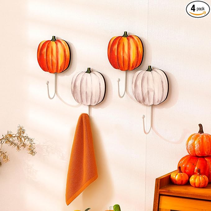 Weysat 4 Pcs Autumn Pumpkin Wall Hooks Pumpkin Key Holder Fall Towel Hooks Thanksgiving Wall Decor Heavy Duty Clothes Hanger for Fall Bathroom Living Room Decor