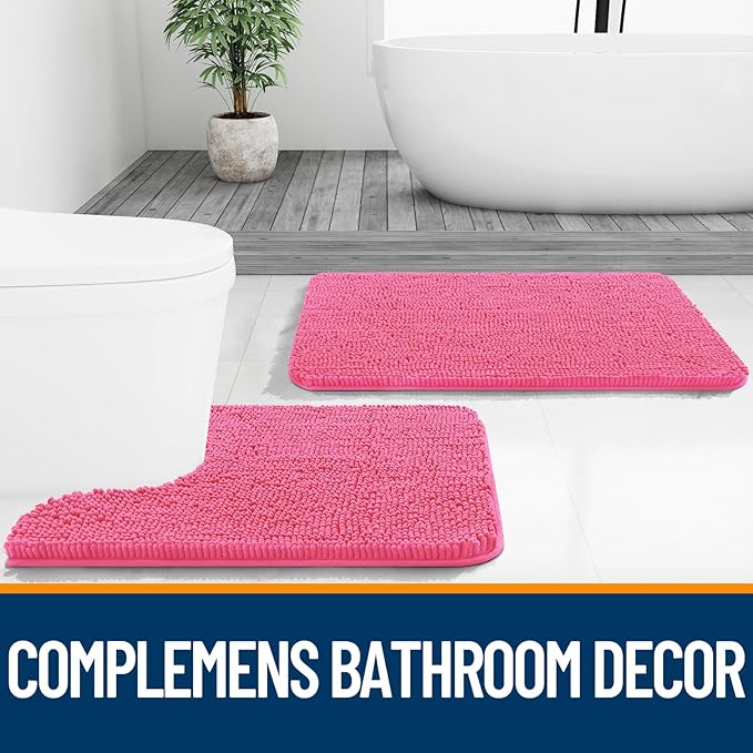 OLANLY Bathroom Rugs 47x24, Extra Soft Absorbent Chenille Bath Rugs, Rubber Backing Quick Dry, Machine Washable Bath Mats for Bathroom Floor, Tub and Shower, Home Decor Accessories, Hot Pink