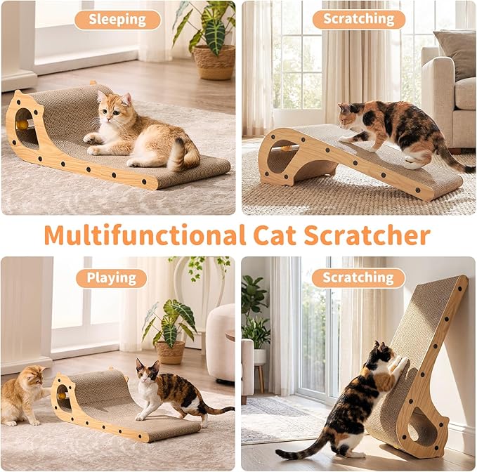 2 in 1 Cat Scratcher Bed for Indoor Cats, Large Cardboard Scratching Pad with Bell Ball Toy for Kitty As Scratch Lounge Couch with Double-Sided Usability