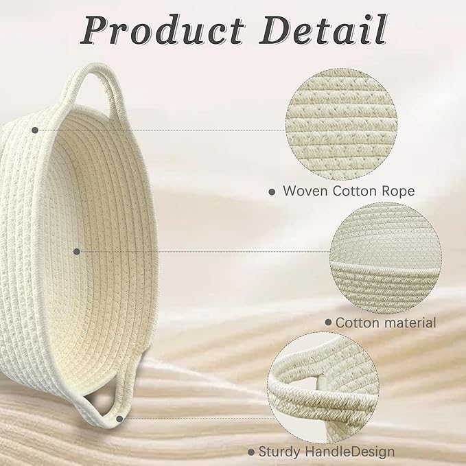 5-Piece White Rectangle Storage Basket Set, Woven Rope Sturdy Cotton Organizer Bins for Shelves, Pantry, Bathroom, Nursery & Bedroom Decor Small Organizer Bins (Beige)