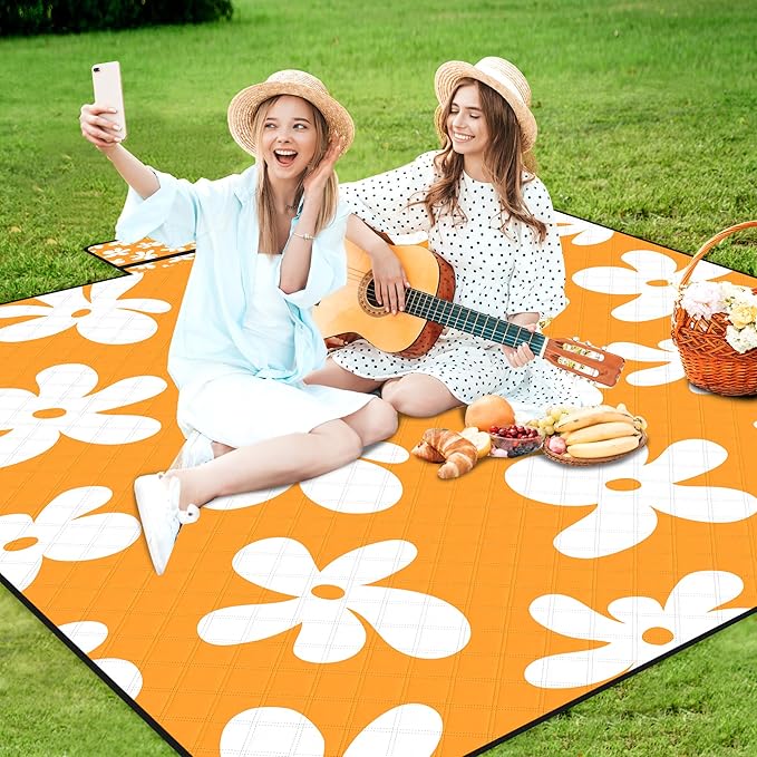 Picnic Blankets, 79''x79'' Extra Large Beach Blanket Waterproof Sandproof, 3-Layer Fabric Foldable & Portable Outdoor Beach Mat for Camping, Family Picnics, Travel, Lawn, Park Outings-Limoncello