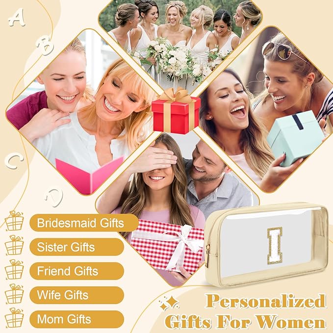 Personalized Initial Letter Clear Makeup Bag,Preppy Small Nylon&PVC Cosmetic Zipper Bag with Chenille Letter,Portable Beach Travel Skincare Toiletry Bag,Trendy Monogram Gift for Teen Girls Women,I