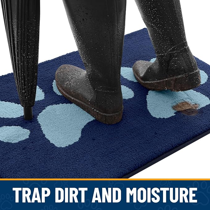 Smiry Dog Door Mat for Muddy Paws, Absorbs Moisture and Dirt, Low-Profile Entryway Mat with Non-Slip Backing, Entry Indoor Outdoor Doormat for Inside Floor (36x24 Inches, Dark Blue, Paw)