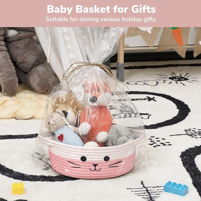 Cute Cat Toy Basket, Decorative Baby Gift Basket for Girls, Small Woven Baskets for Nursery Living Room, White & Pink, 9.8 x 4 inches