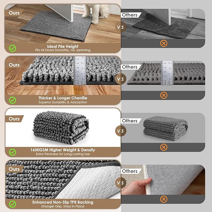 EHEYCIGA Super Absorbent Dog Door Mat for Muddy Paws 30x20 Inch Indoor, Front Doormat Outside Entrance, Quick Dry Chenille Washable Dog Crate Bed, Non-Slip Pet Rug Mud Mat Outdoor Entryway, Grey