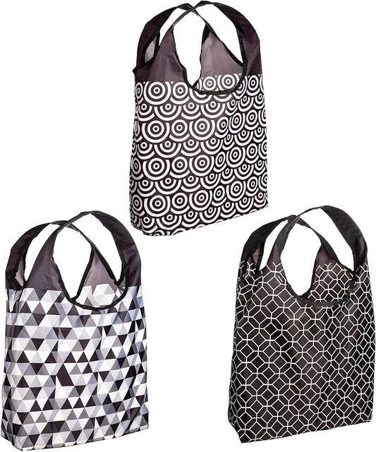O-WITZ Reusable Grocery Bags | Vibrant Tote Bag For Groceries, Gym, Office, Beach & More | Washable Design | Large Handles For Maximum Convenience | Folds Into A Small Pouch, 3 Pack, Black and White