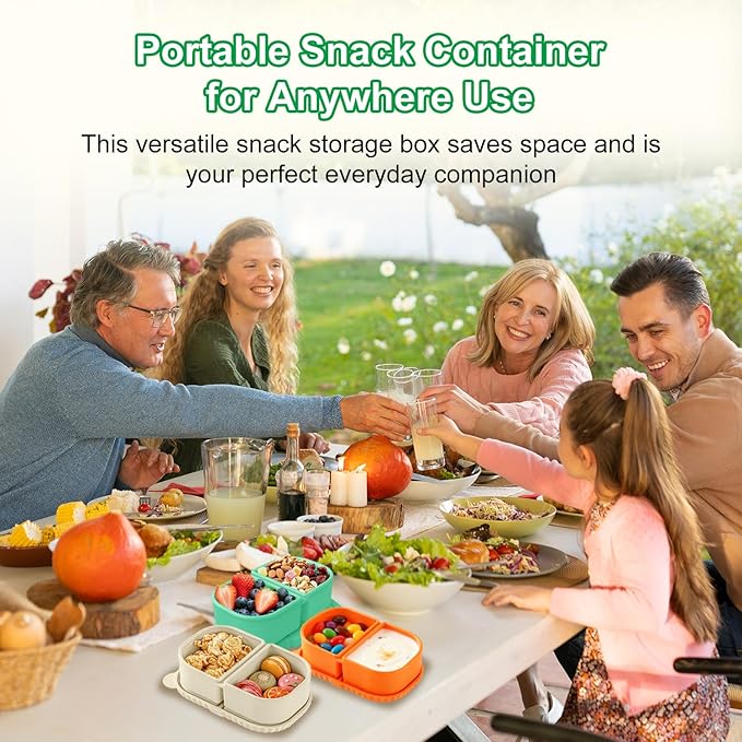 RAYBIN 3 Pack Silicone Reusable Snack Containers with Lids, 2 Compartments Leak-Proof Snackle Box Containers,Silicone Food Storage Containers for Office,School,Picnic - BPA Free (White,Green,Orange)