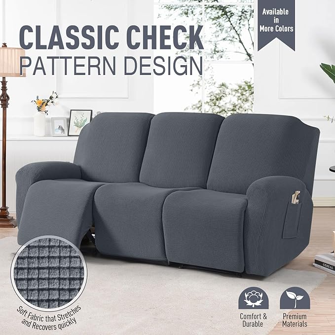 TAOCOCO Recliner Sofa Covers 8-Pieces Stretch Large Couch Covers for 3 Seats Reclining Slipcovers Soft Jacquard Pattern Furniture Protector (Grey)