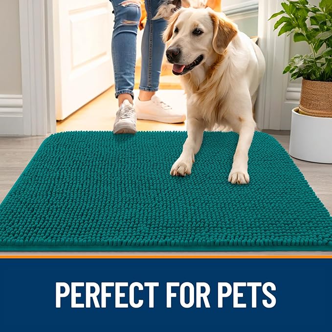 OLANLY Dog Door Mat for Muddy Paws 48x30, Absorbs Moisture and Dirt, Absorbent Non-Slip Washable Doormat, Quick Dry Chenille Mud Mat for Dogs, Entry Indoor Entryway Carpet for Inside Floor, Lake Blue