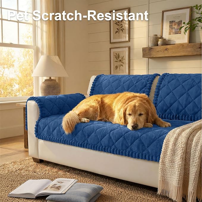 Smiry Fuzzy Couch Cover for Dogs, Non Slip Washable Pet Sofa Cover, Scratch Proof Hair Resistant Plush Sofa Slipcover, Pet Friendly Couch Cushion Protector for Cat, Navy, 27.6" x 27.6"