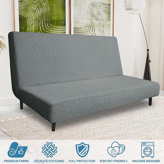 ZNSAYOTX Fashion Futon Cover (67"-82") Stretch Fit Armless Sofa Bed Slipcover, Universal Foldable Sofa Mattress Protector Full Queen Size, Irregular Plaid Texture Jacquard Futon Protector (Light Grey)