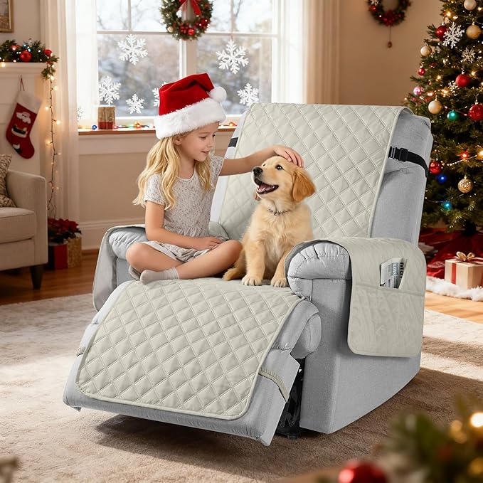 TAOCOCO 100% Waterproof Recliner Chair Cover Non-Slip Reclining Cover for Recliner Chair Washable Chair Seat Cover with Elastic Straps for Pets Sofa Slipcover with Pocket (Small 23'', Ivory)