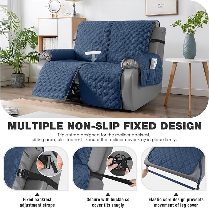 TAOCOCO 100% Waterproof Recliner Couch Covers, Recliner Sofa Covers with Leg Straps, 1-Piece Washable Reclining Sofa Cover with Pocket Couch Protector for Pets Kids(2 Seater, Ocean Blue)
