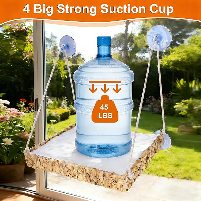 Cakhdry Cat Window Perch with Industrial-Grade Suction Cups and Ball Toy, Cat Window Hammock - 45 lbs Capacity, Handwoven Straw Sturdy Hanging Bed Seat Soft Cushion for Large Heavy Cats