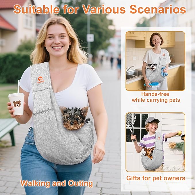 Tomkas Small Dog Sling Carrier - Zipper Pocket & Adjustable Strap - for 3-10 lbs Pets(Gray) Puppy