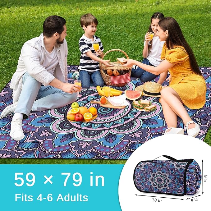 Waterproof Picnic Outdoor Blanket, 79" x 59" Sandproof Foldable Large Picnic Blanket for Beach, Camping, Park, Travel, Concert, Great Gift for Families and Couples (Boho Flowers)