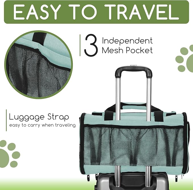 Pet Carrier for Cats & Small Dogs, Travel Carrier with Anti-Collapse Support, Chew Resistant Buckles, Luggage Sleeve, Multi-Pocket Storage, Reversible Mat & Bowl (Green, Medium (17.5"x11"x11.5"))