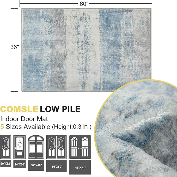 COMSLE Door Mat, Front Door Rug Indoor for Entrance Faux Wool Absorbent Non Slip Modern Throw Rug for Entryway Bedroom Muddy Paws - Pet Friendly, 36x60 Inches,Milk Blue Machine Washable