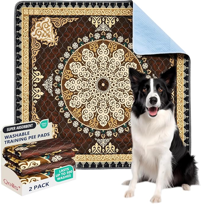 Qeils Washable Pee Pads, Reusable Puppy Pads Super Absorbent Leakproof Dog Training Pads, Non-Slip Wee Wee Pads for Crate, Floor, Potty Pads Feeding Mat Dog Pee 2 Pack 48"x48"
