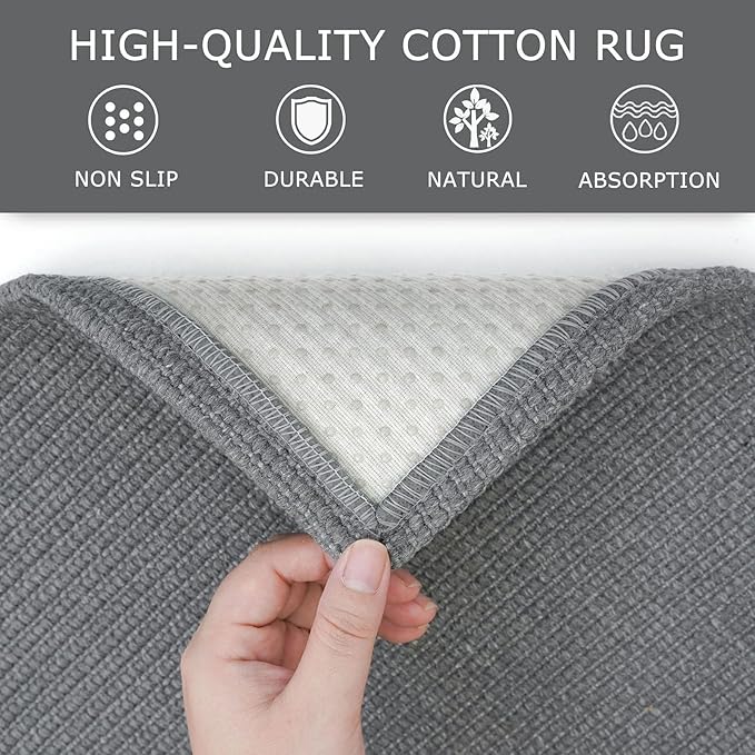 KOZYFLY Washable Area Rug 4x6 Ft Non Slip Rubber Backed Rugs for Entryway Bedroom Throw Rugs Boho Entry Rug, Cotton Braided Floor Carpet for Dining Room Living Room, Grey