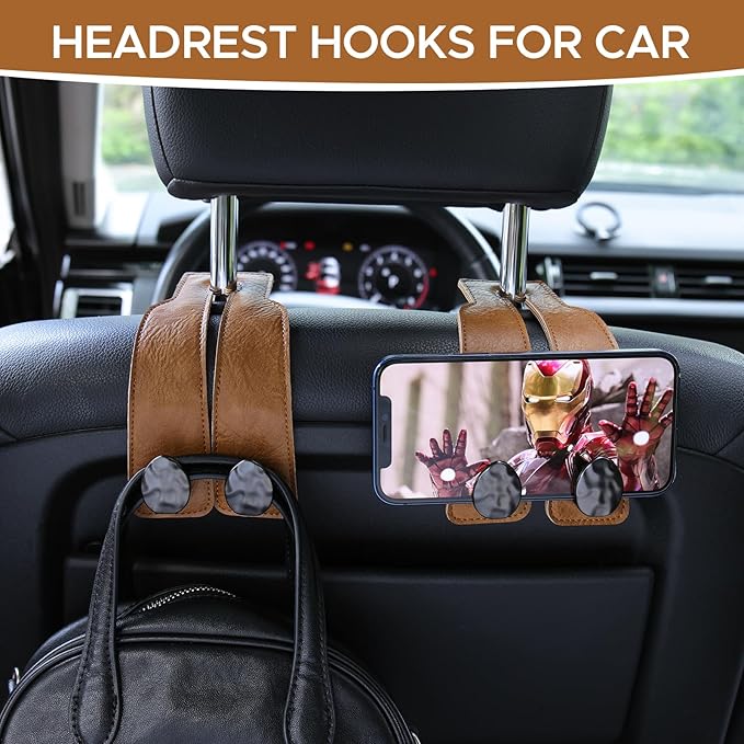 4 PCS Leather Car Seat Hooks for Headrest, Vehicle Hanger Storage Organizer Universal for Handbag Purse, Car Accessories Gift (Brown-Black-4 PCS)