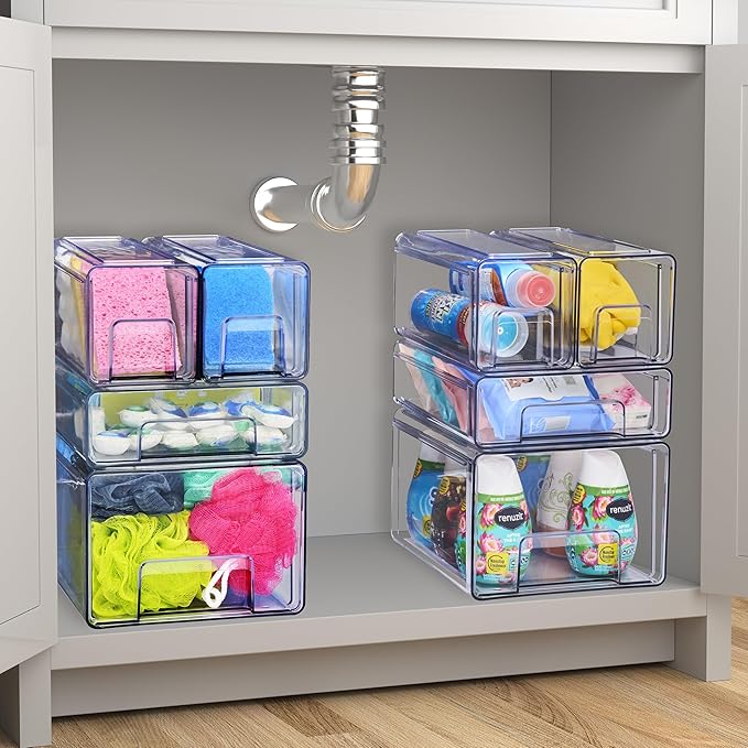 Sorbus 1 Medium & 2 Small Clear Stackable Storage Drawers, Plastic Organizer Bins with Handles, Pull-Out Stackable Drawers for Bathroom Closet, Medicine, Cabinet, Pantry Storage, Baby Bottle Organizer