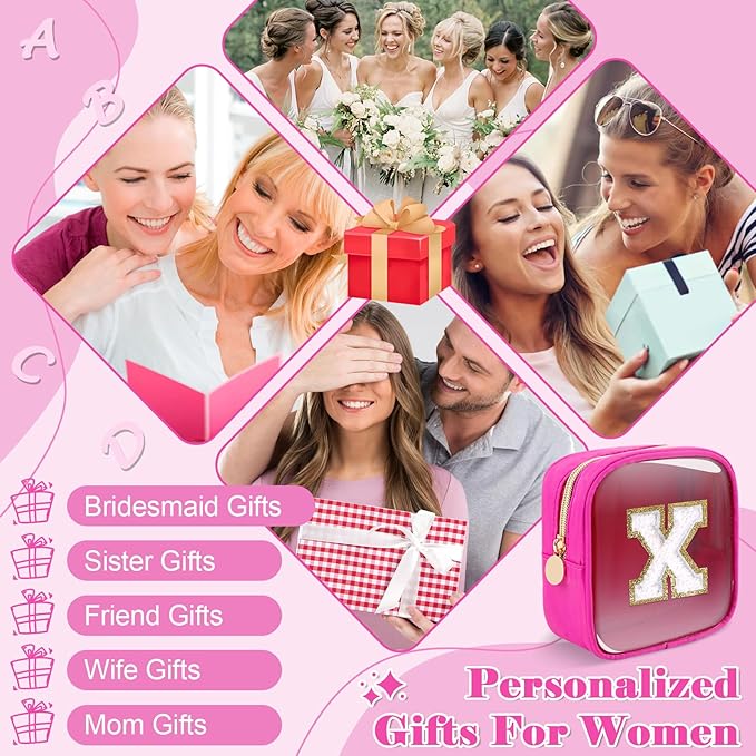 Personalized Initial Letter Clear Preppy Makeup Bag,Mini Nylon Chenille Letter Cosmetic Bag Cute Zipper Pouch Coin Purse for Teen Girls,Portable TSA Approved Travel Essentials Bag Gift for Women,X