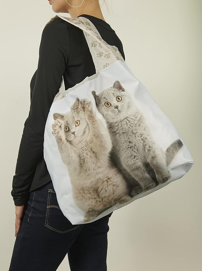 O-WITZ Reusable Grocery Bags | Vibrant Tote Bag For Groceries, Gym, Beach Gear, Toys & More | Washable Design With Large Handles For Maximum Convenience | Folds Into A Small Pouch, 5 Pack,Cats