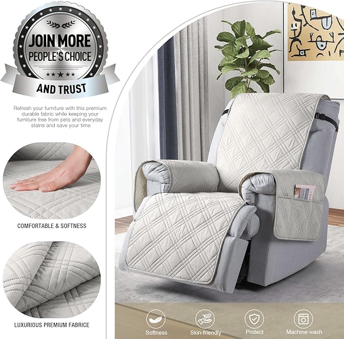 TAOCOCO 100% Waterproof Recliner Chair Covers, Non Slip Recliner Covers for Recliner Chair with Pocket, Washable Reclining Chair Cover Furniture Protector for Kids,Dogs(22'', Off White)