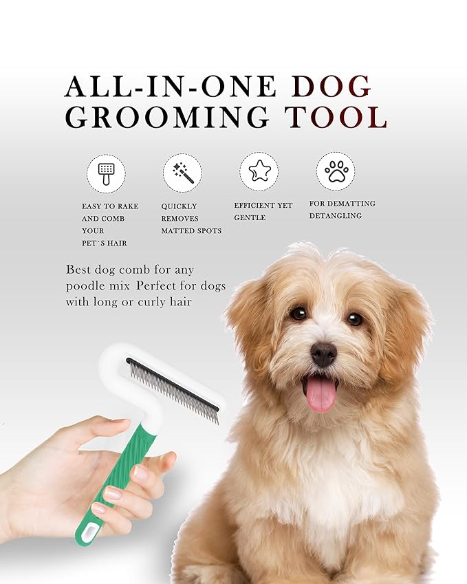 TailGurus Pet Flea Comb for Dogs & Cats - Grooming Tool with Long & Short Steel Teeth, Safely Removes Tangles and Knots, Gentle Detangling Brush for Pet Hair (TG2043)(Green)