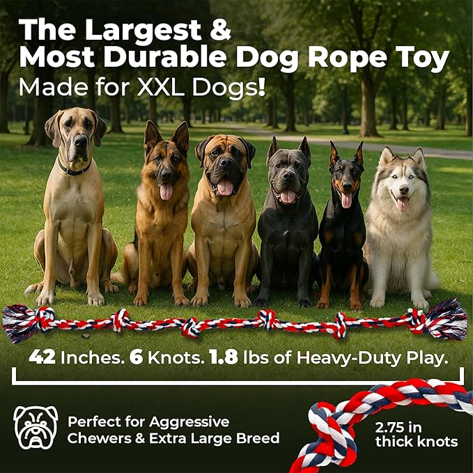 Giant Dog Rope Toys for Extra Large Dogs - 42 Inch, 6 Knot Large Tough Rope Toys for Dogs - Benefits Non-Profit Animal Rescue - Giant Indestructible Dog Toy for Aggressive Chewers (Red)