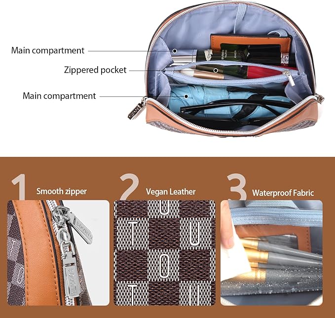 BOYATU Small Travel Makeup Bag for Women: Elegant Vegan Leather Cosmetic Pouch for Purse - Waterproof Toiletry Bag with Mirror(020-Brown)