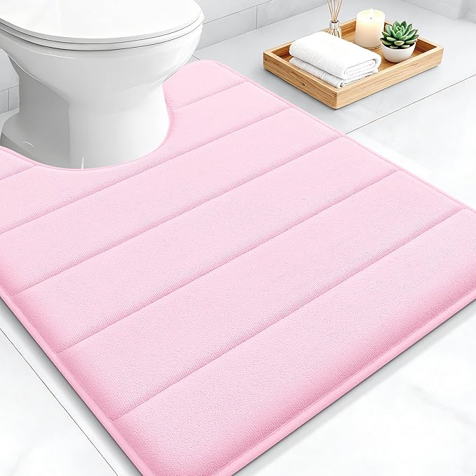 OLANLY Memory Foam Toilet Rugs U Shaped 24x20, Super Soft Absorbent Contour Bath Rugs, Quick Dry, Machine Washable Toilet Mat, Bathmat Floor Carpet, Bathroom Home Decor Accessories, Pink