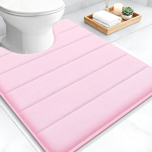 OLANLY Memory Foam Toilet Rugs U Shaped 24x20, Super Soft Absorbent Contour Bath Rugs, Quick Dry, Machine Washable Toilet Mat, Bathmat Floor Carpet, Bathroom Home Decor Accessories, Pink