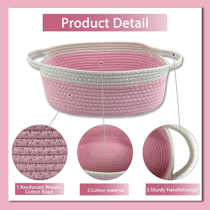 Woven Cotton Rope Storage Baskets with Handles,3-Pack Multi-Use Organizer for Shelves, Wardrobe, Living Room, Bedroom,Toy Storage Empty Gift Basket,Pink Basket