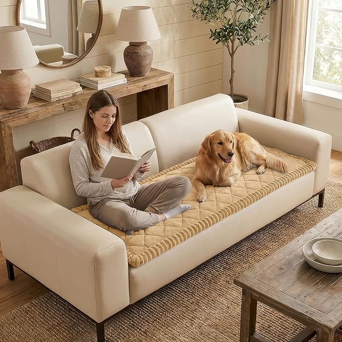 Smiry Fuzzy Couch Cover for Dogs, Non Slip Washable Pet Sofa Cover, Scratch Proof Hair Resistant Plush Sofa Slipcover, Pet Friendly Couch Cushion Protector for Cat, Camel, 27.6" x 47"