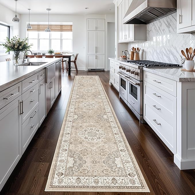 Hallway Washable Runner Rug - 2'6x12 Kitchen Rugs Entryway Rug Runner Vintage Soft Floor Mat Non Slip Indoor Farmhouse Carpet for Bathroom Living Room Bedroom (2'6''x12', Beige)