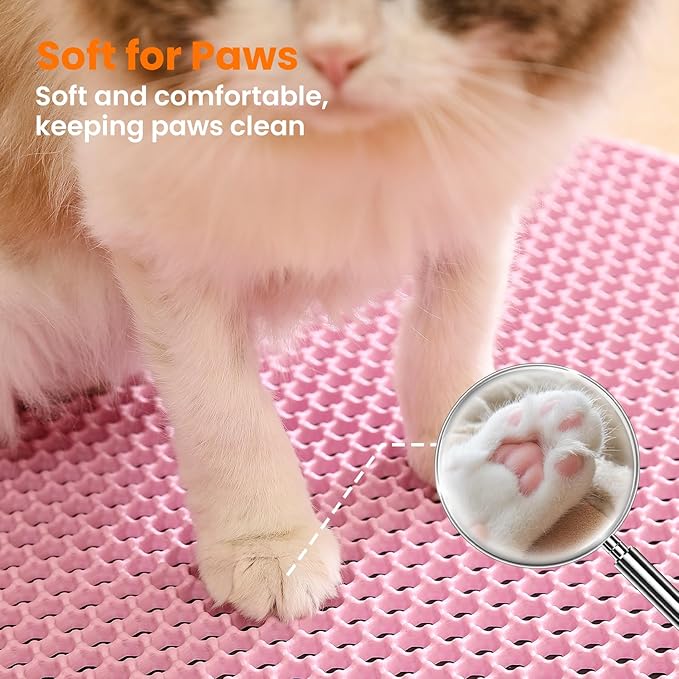 Petinstinct Jumbo Cat Litter Mat, 46x26 Inches Double Layer Honeycomb Litter Trapping Mat, Non Slip Waterproof Urine Proof Extra Large Cat Litter Box Mat, Kitten Supplies and Essentials, XXL, Pink