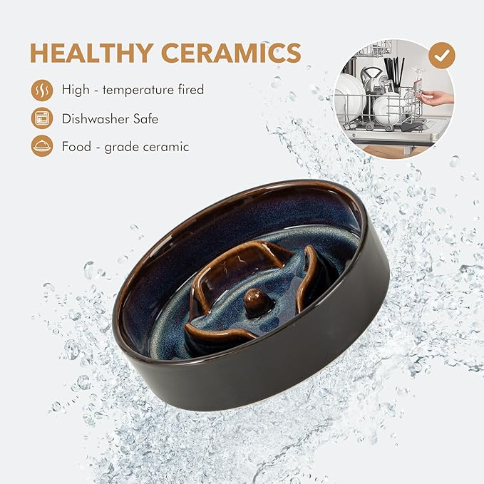 Ceramic 0.9 Cup Dog Bowl Slow Feeder for Small Dog and Cat, 6.1inch Pet Slow Dish, Stop Bloat, Preventing Choking(Single Bowl, Starry Sky)