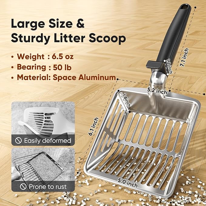 KooMooM Metal Cat Litter Scoop, Large Cat Scooper with Deep Shovel & Dual Sifting Holes for Fast & Precise Sifting, Space Aluminum Kitty Litter Scooper with Long Handle & Easy-to-Hang Hook - Black