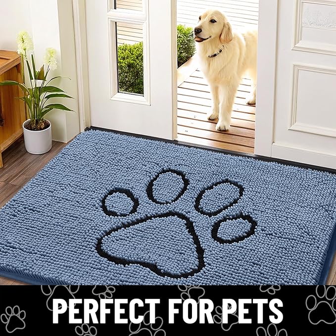 Smiry Dog Door Mat for Muddy Paws, Absorbent Dirt Trapper Non Slip Quick Dry Washable Chenille Mat for Mud Dogs, Entry Rug for Indoor and Outdoor (71x46 Inches, Airy Blue and Black)