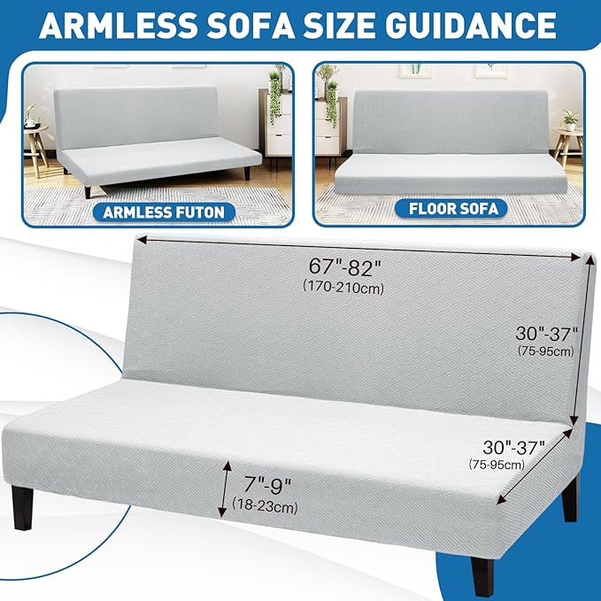 ZNSAYOTX Stretch Fit Futon Cover (67"-82") Armless Futon Sofa Bed Slipcover with Elastic Band, Universal Foldable Sofa Mattress Protector Full Queen Size, Washable Comfort Jacquard (Silver Grey)