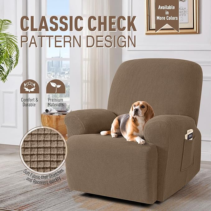 TAOCOCO Recliner Cover 4-Pieces, Recliner Stretch Sofa Slipcover, Recliner Cover 1 Seat, Couch Protector Soft, Furniture Protector Covers with Elastic,Chair Covers Jacquard Pattern (Khaki)