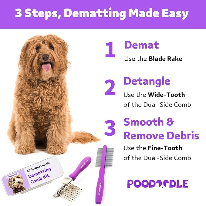 Poodoodle Pain-Free Dematting Comb Kit for Dogs & Cats, Dematting Rake & Detangling Dual-Side Comb Set, Dematting Brush for Dogs & Cats, Pet Grooming Tools Kit for Poodle Doodle & All Long Haired Pets
