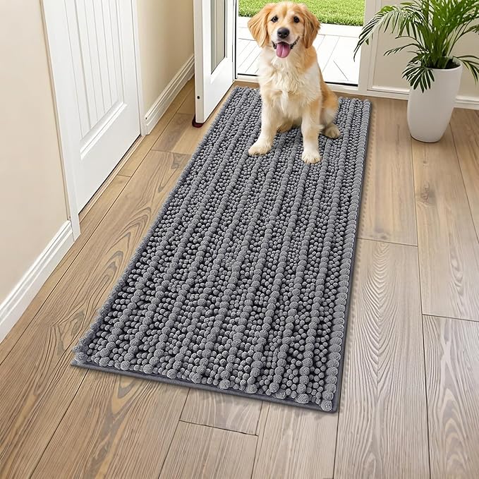 Smiry Dog Door Mat for Muddy Paws 47x17, Extra Soft Absorbent Chenille Doormat, Trap Moisture and Dirt, Non-Slip Machine Washable Front Door Mat for Indoor Entrance Inside Floor, Dark Grey