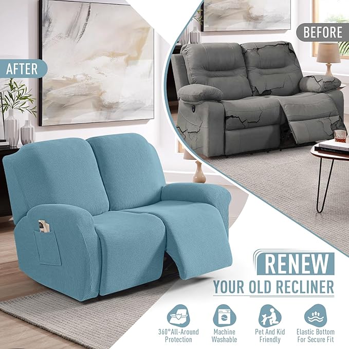 TAOCOCO Recliner Loveseat Slipcover, 6 Pieces Dual Recliner Sofa Covers for 2 Seat Dual Reclining Loveseat Couch, Stretch Soft Jacquard Pattern Furniture Protector with Elasticity (Dusty Blue)